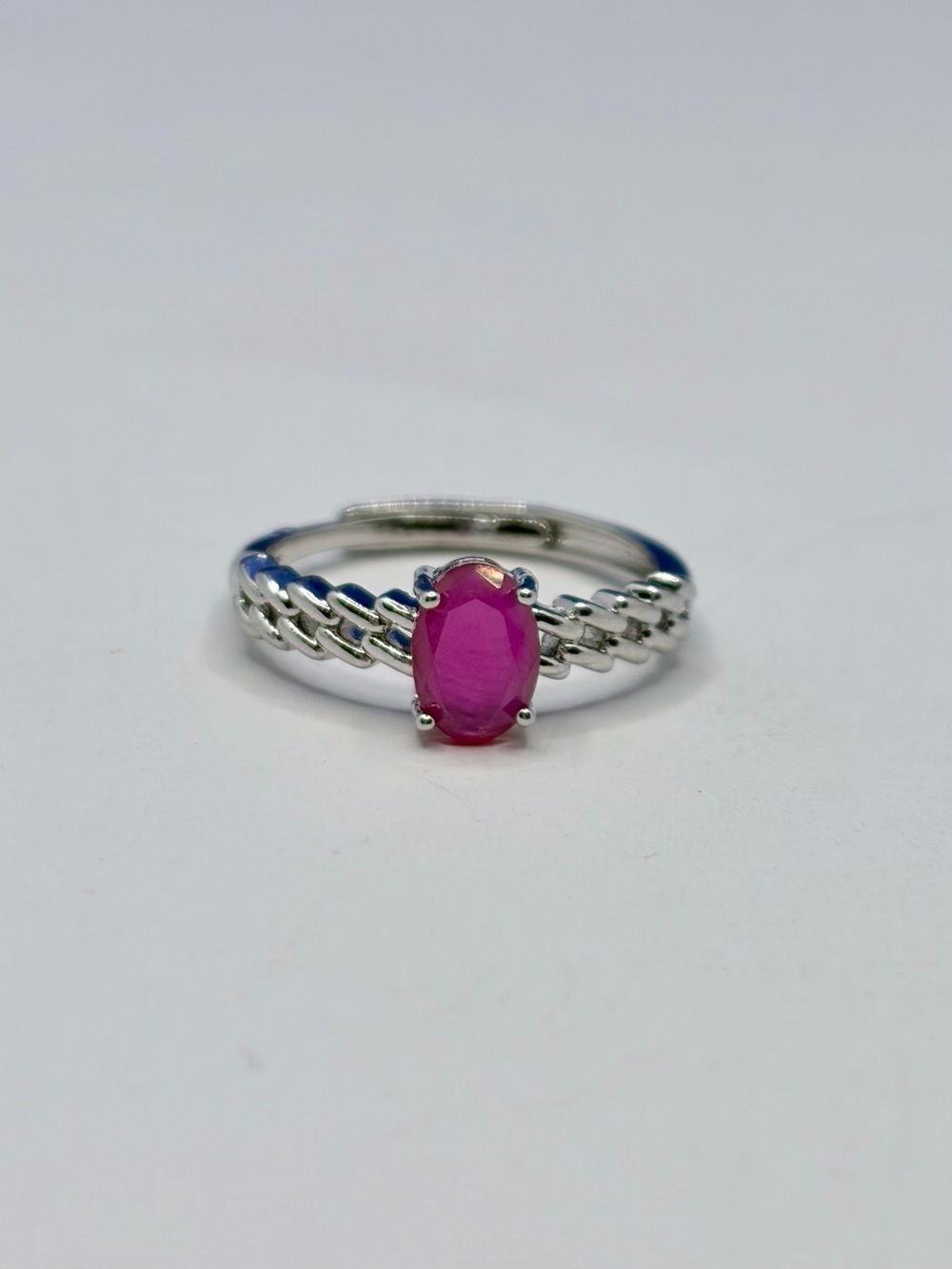 Adjustable Silver Tone Pink Oval Gemstone Ring | Braided Band | Statement Ring - Picture 1 of 6